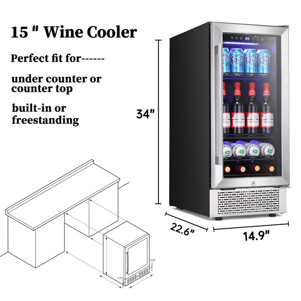 YUKOOL 15 Inch Beverage Refrigerator BuitIn Wine Cooler Glass Door
